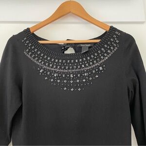 White House Black Market Black Sweater Jewels at Neckline Satin Ribbon Tie